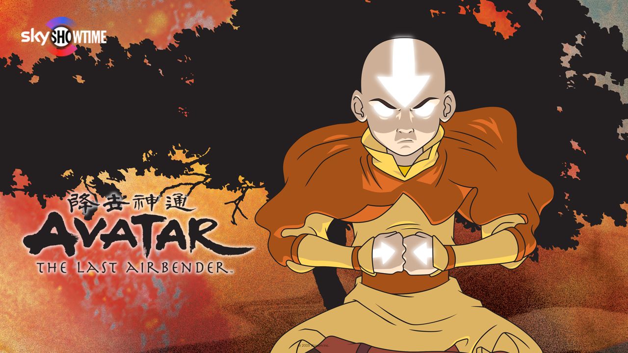 The Last Airbender sitter i meditasjonsstilling foran skyggen av et tre med lysende symboler på hodet og hendene.